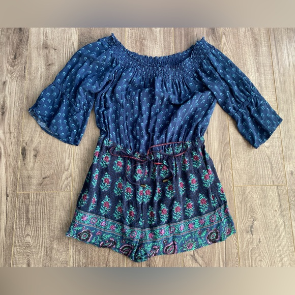 Anthropologie Ett:Twa Blue Kaleo Boho Floral Print Off The Shoulder Romper - Picture 4 of 14